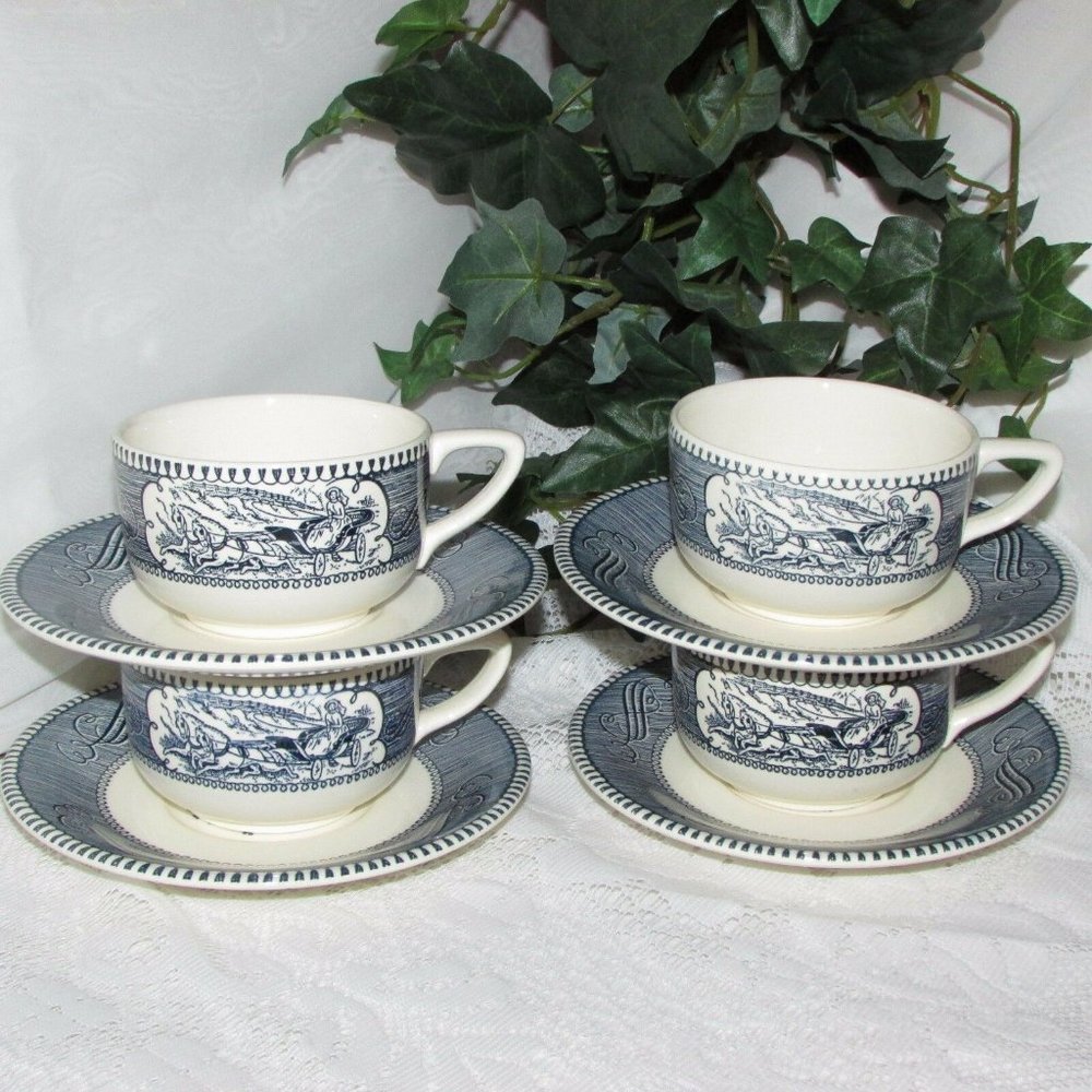 Vintage Royal China Currier & Ives Cups & Saucers 4 Sets Blue White Mid-century